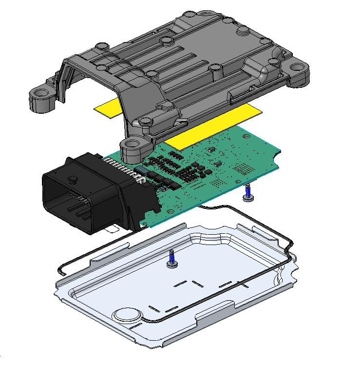 Exploded view of a Soaris control module showing housing, seal, board and baseplate