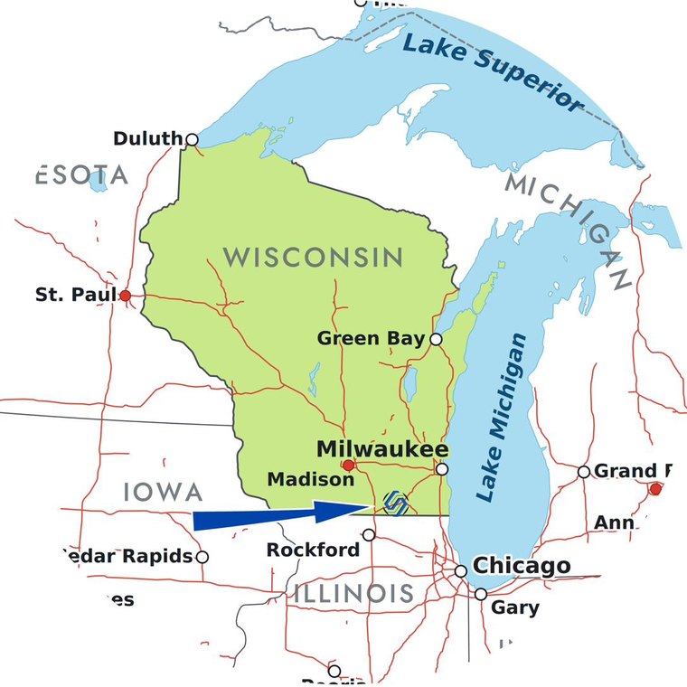 Regional map showing Wisconsin and neighboring states, with Delavan, Wisconsin marked near Milwaukee, Madison and Chicago