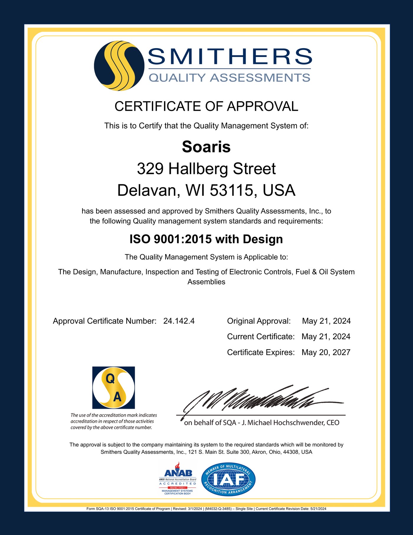 Soaris ISO 9001:2015 with Design certificate of approval, issued by Smithers Quality Assessments, Inc.
